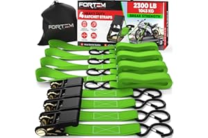 FORTEM Set de Correas de Amarre con Tensor de Trinquete, 1043 kg al Rompimiento, 4 Ganchos de Acero Plastificado, 4 Correas de 4.5m, 4 Hebillas (Verde)