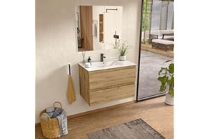 BELLOBATH - Mueble Baño Suspendido con Lavabo de Cerámica y Espejo, Mueble Baño con Lavabo Montado con 2 Cajones, 60 x 55 x 46 cm, Mueble Roble