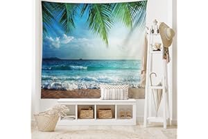 ABAKUHAUS Ozean Wandteppich, Palmen Tropical Island aus Weiches Mikrofaser Stoff Waschbar ohne Verblassen Digitaldruck, 150 x 110 cm, Grün Blau