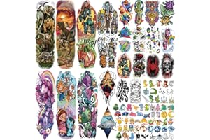 BASIFA Kids Full Arm Temporary Tattoo 52 Sheets Fake Tattoos, Temporary Tattoos Realistic Dinosaur Monster Car Shark Planet Spider for Boys, Princess Castle Unicorn Butterfly Lasting Tattoos for Girls