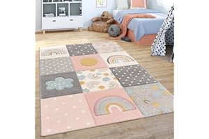 Paco Home Children's Rug Child's Room Play Rug Rainbow Clouds Pink Grey White, Size:120x170 cm