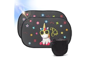 BODEGA Set da 2 Tendine Parasole Auto Bambini 51x31cm, Tendine Sole Auto Bambini Protezione Plus UV Garantita, Oscuranti Finestrini Auto Adesive ed Universali, Copri Finestrini Auto Design Unicorno