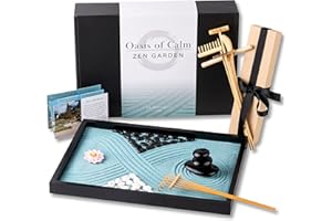 ISLAND FALLS HOME Oasis of Calm Zen Garden Kit. 11x8 Beautiful Premium Japanese Mini Rock Garden Meditation Gift Set for Home & Office Desk Accessories. Zen Aqua Sand, 6 Tool, 6 Features. Mindfulness Gifts Decor Women