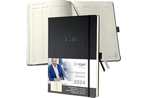 SIGEL C2418 Agenda semainier 2024, vertical, A4+, couverture rigide, noir - Conceptum