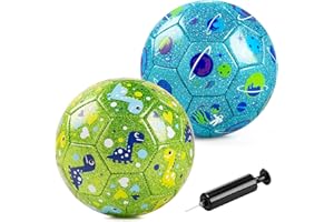 Vastoy Glittery 2-pc Size 2 Toddler Football for 2 3 4 5 6 Years - 6 Inch Kids Football with Dinosaur & Planets Patterns, Kids Soccer Ball, Glittery Footballs Gift for Boys with Pump & Mesh Bags