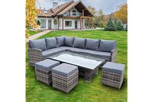 AZRBOPO 9 Seater Rattan Garden Furniture Set, Patio Dining Table Set with Height Adjustable Rising Table, Padded Corner Sofa, 3 Stool Outdoor Corner Sofa Set, All-Weather Patio Conservatory Set- Rising Table