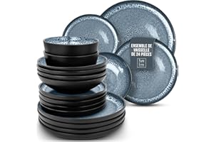 PURE LIVING INTERIOR DESIGN Service de Vaisselle en Grès Ibiza 24 pièces: Service de Table pour 6 Personnes, Adapté au Lave-Vaisselle et au Micro-Ondes, Pure Living bleu fumé, Assiettes Service de Table, Vaisselle