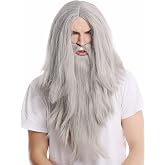 WIG ME UP - PW0210-ZA68E Long Straight Wig &amp; Beard Carnival Color Grey Wizard Prophet Biker Senior
