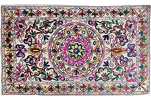 Original Kikan Tapiz rectangular floral Suzani Art con lentejuelas para colgar en la pared, algodón, bordado, étnico, bohemio (blanco)