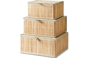 Honygebia Bambú Caja Almacenaje con Tapa - Set de 3 Cestos de Mimbre Decorativas con Forro, Almacenamiento Beige para el Hogar, Organizadoras de Estantes de Cocina y Baño (Grande/Mediana/Pequeña)