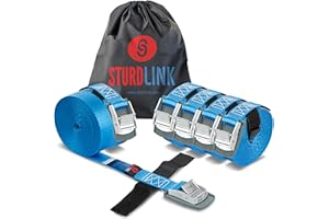 STURDLINK Juego de 6 Cinchas de Amarre 5m 25mm 250kg con Hebilla Rápida y Sistema para Atar + Bolsa para Sujeción en el Portabicicletas, Barras o Baca Techo Coche, Remolque Bicicleta, Equipaje, Kayak