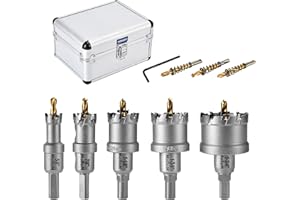 Mollom 5Pièces (16-45mm) Kit de Scies-Cloche en Carbure TCT pour Métaux Durs, avec 5 Scies, 3 Forets Pilotes et 1 Clé Hexagonale pour Acier Inoxydable, Fer, Aluminium, Alliages, Métal