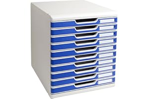 Exacompta - Ref 302003D - Modulo A4 Office - 350 x 288 x 320mm in Size, 10 Closed Drawers (26mm Height), Smooth Opening with Stop, Label Holders - Light Grey/Blue