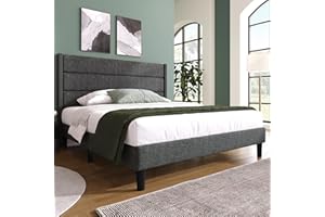 ‎MERAX Merax Polsterbett 140 x 200 cm, Bettgestell mit Lattenrost & Kopfteil, gepolstertes Doppelbett, Textilbezug Leinen in Dunkelgrau, Zeitloses modernes Design, Jugendbett