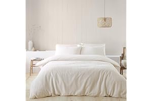 Catherine Lansfield Set copripiumino singolo reversibile con federa, in cotone spazzolato, a righe, colore naturale