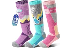 ANTSANG Kinder Merino Woll Skisocken Jungen Mädchen Thermisch Dick Warm Winter Gemütlich Kniehohe Socken zum Skifahren Snowboarden 3 Paar