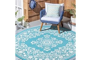 Enyhom Outdoor Teppich Rund 180 cm, Wetterfest Wendbarer Bodenmatte Kunststoff Terrassenteppich Außenteppich UV-beständige RV Camping Balkon Teppich für Patio Strand BBQ Picknick Deck Wohnzimmer
