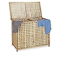 Relaxdays Hamper Basket 2 Part Bin 46.1 x 87.9 x 68.1 cm Sorter Double Laundry Box with 2 Linen Sacks Bags, Natural, Walnut, Light Wood Tone
