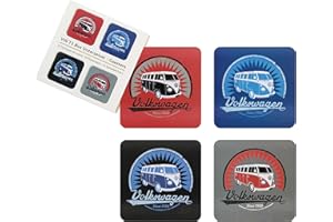 BRISA VW Collection - Posavasos de Corcho para Vasos de Bebidas de Volkswagen con Revestimiento de MDF T1 Camper Bus (Conjunto de 4/Logotipo Vintage)