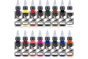 DLD Zestaw 16 butelek tuszu do tatuażu ciała, profesjonalna, wygodna wersja, słynny pigment do tatuażu, uniwersalny, pełnokolorowy, wegański, nietoksyczny, bezpieczny dla skóry, permanentny zestaw do