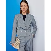 Uzun Kollu D&uuml;ğmeli Kruvaze Yaka Crop Blazer Ceket