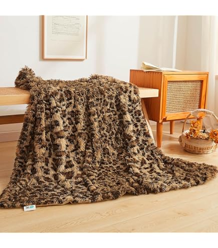 FY FIBER HOUSE Flanellen fleece plaid, lichtgewicht, gezellige pluche microvezel spreien voor volwassenen, 150 x 200 cm, bruine luipaard
