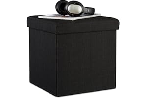 Relaxdays Pouf Pieghevole con Contenitore, Sgabello a Forma di Cubo, Coperchio Rimovibile, Lino, Nero, 38x38x38 cm
