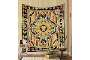 THE ART BOX Golden Giallo Hippie Mandala Sole Luna Bruciare Sole Psychedelic Arazzo - 135x160 cm Indiano Cotone Celeste Bohemian Parete Pianeta Trippy Arazzi