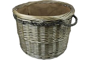 THE PESCARA COLLECTION Round Grey & Antiqued Wicker log baskets. Hessian lined. Wood & kindling storage for home hearths and fireplace. Large wood burner bin (Rope Handle, 58cm)