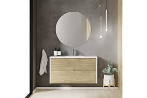 Baikal Mueble de baño Gavin, 2 cajones, suspendido en Pared. Incluye Lavabo cerámico. Varios Acabados. Se Entrega Montado. con Espejo 100 cm Nature