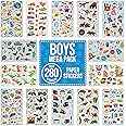 Boys Children Stickers for Scrapbooking, Crafting, Decorating - Over 280 Self Adhesive Paper Stickers 14 Designs - Party Bag Fillers for Kids, Teacher Classroom Rewards - Pirates, Dinosaurs, Cars