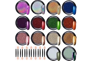 Duufin 14 Jars Nail Chrome Powder Metallic Mirror Effect Nail Powder 1g/Jar with 14 Pcs Eyeshadow Sticks, 14 Colours