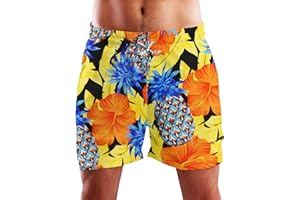 King Kameha Funky Hawaiian Board-Shorts Trunks Swim-Pants Men Mesh-Lining Draw-String Closure Casual Bright Flamingo-Flowers Design