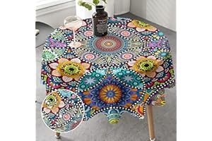 iEvery Tablecloth Washable Round 150 Tablecloth Boho Style for Outdoor Use Round Garden Tablecloth Mandala Outdoor Table Cloth Weatherproof for Garden Kitchen Garden Table Dining Table Party