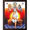 Art n Store Sai Baba with Lord Brahma, Vishnu & Mahesh HD Printed Religious & Decor Picture with Brown Wood Frame (30 X 23.5 X 1.5 CM_ Brown Wood)