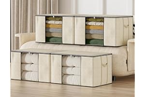 IZSUZEE Lot de 4 Sac de Rangement 90L Grand Boite Rangement: Caisse Rangement Cartons Déménagement Housse Rangement Piable, Sac de Rangement Sous Lit Édredons Couvertures Oreillers Jouets Vêtements Beige