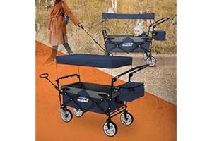 Hauki Chariot de Transport Pliable avec Toit et Sac, Bleu-Gris, à Main à Pousser et Tirer, Roues Avant Pivotantes à 360° avec Freins, Charge Max.120 kg, pour Enfants, de Jardin, Plage