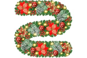 AUOKAI Guirnalda de Navidad, 2,7 Metros Guirnaldas navideñas con Luces LED, Corona de Frutos Rojos para Escaleras Chimeneas Puertas, Guirnaldas navideñas Artificiales Decoración Interior Exterior