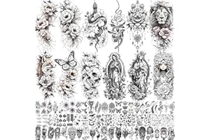 LAROI 75 Blätter Schwarz Rose Blume Temporäre Tattoos Damen Frauen Mädchen Klebetattoos Erwachsene, Guadalupe Realistisch Lotus Schlange Blüte Wasserfest Fake Tattoo Zum Aufkleben Haut Löwe Fuchs Lotus