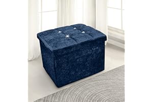 INTIMATES 1 Seater Luxury Crushed Velvet Fabric with Diamantes Foldaway Ottoman Stool Blanket Box Bench 38cms x 38cms (Navy Blue)