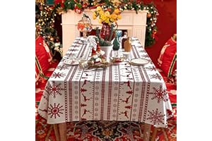 RYB HOME Nappe Noel - Nappe Rectangulaire Blanche et Rouge Anti Tache 140x260 cm Couverts de Table Imperméable Facile à Entretien pour Decoration Salle à Manger Jardin, Flocon de Neige