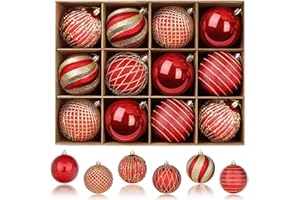 ‎SHARECONN SHareconn Christbaumkugeln, 80 mm, 12-teiliges bruchsicheres Set mit dekorativen Hängedekorationen für Feiertage, Partys und Hochzeiten, voraufgehängte Schnüre, Rot und Gold