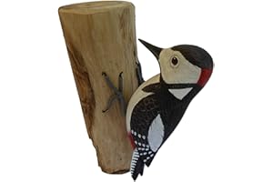 Purity Style Figura de pájaro carpintero de madera tallada y pintada a mano, adorno en un tronco