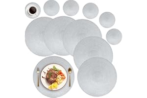 MI CASA Round Placemats and Coasters Set of 6, Round Braided Woven Place Mats Washable Heat Resistant Table Mats for Kitchen Dining Table Home Restaurant, Silver