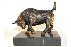 CLEVER-DEKO Escultura de toro, figura de hierro + base de mármol + bronce – aspecto de bolsa decorativa para escritorio