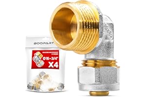 BOOPARTS – Set 4 Pezzi – Gomito a Compressione Multistrato Ø16-3/4"M | Raccordo 90° Filetto Maschio 3/4" a Vite | Per Tubo PEX-AL-PEX 16mm Senza Pressatrice | Alto Flusso