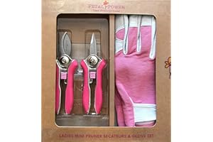 Petal Power Ladies Leather Gardening Gloves & Mini Pruner Secateurs Set (Gloves - Medium, Pink)