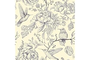 VEELIKE Papier Peint Pivoine Oiseaux Fleur Beige Vintage Papier Adhésif pour Meuble Adhesif Salon Papier Autocollant Cuisine Lavable Mural Chambre 44.5cm×300cm