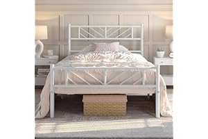 Yaheetech 3ft Single Bed Frames Metal Slatted Bed Platform with Arrow Design Headboard, Under-bed Storage, No Box Spring Needed, White