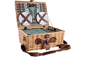 ‎EGENUSS eGenuss Handgefertigter Picknickkorb für 4 Personen mit abnehmbarem Schultergurt, Kühlfach, Edelstahlbesteck, Porzellanteller, Weingläser, Salz- und Pfefferstreuer | GRÜN